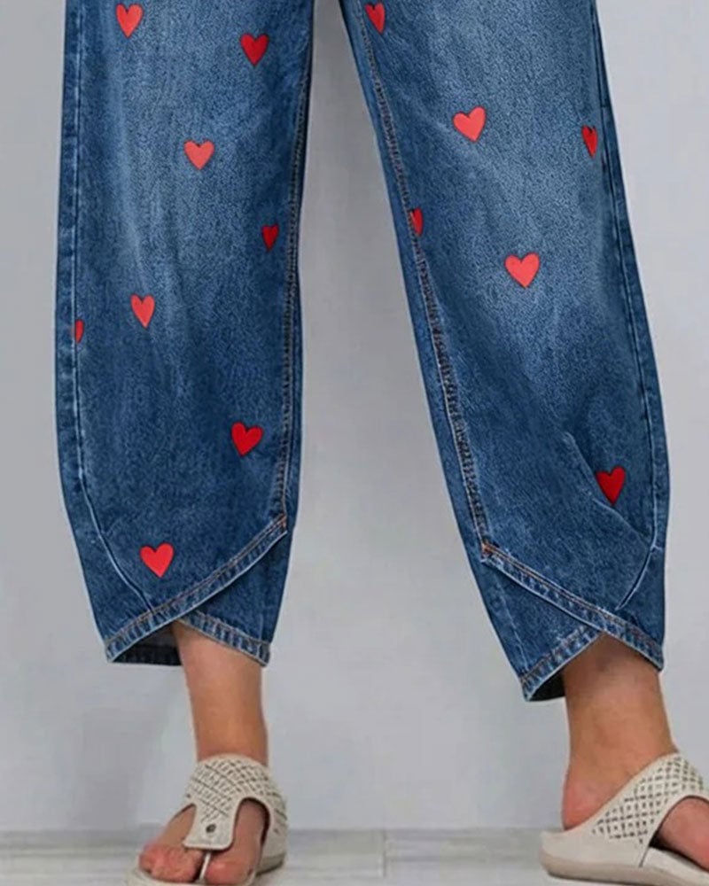 Serena | Pantalones con estampado de corazones, en denim, hasta el tobillo