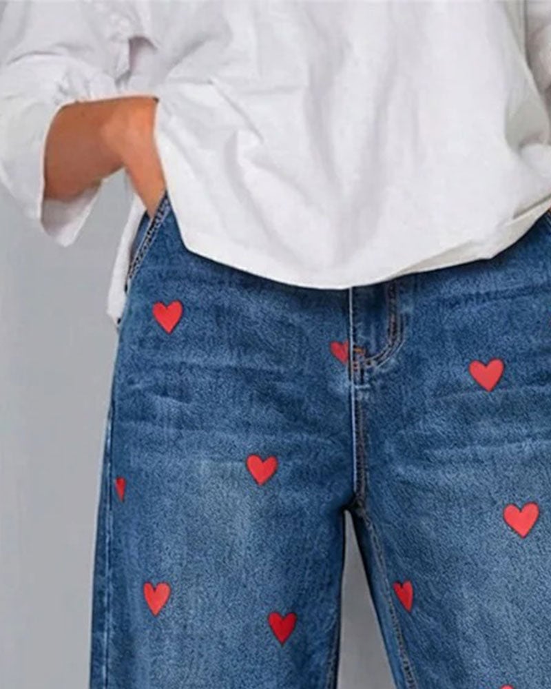 Serena | Pantalones con estampado de corazones, en denim, hasta el tobillo